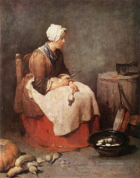 Jean Baptiste Simeon Chardin Painting - Girl Peeling Vegetables Jean Baptiste Simeon Chardin